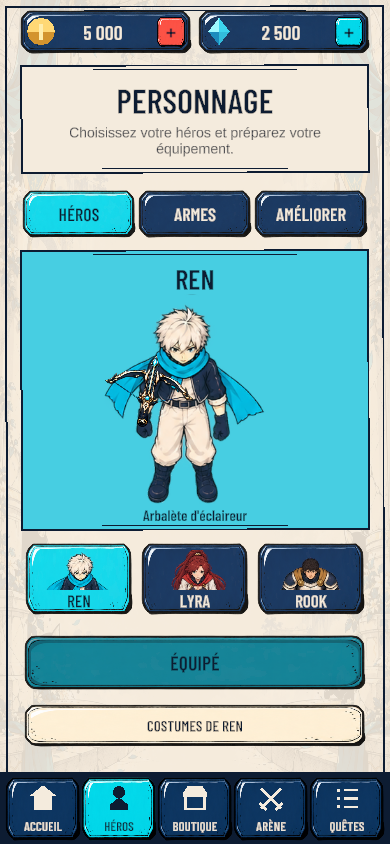 Écran Personnage d’Ink Titans : Ren et sa sélection d’équipement.
