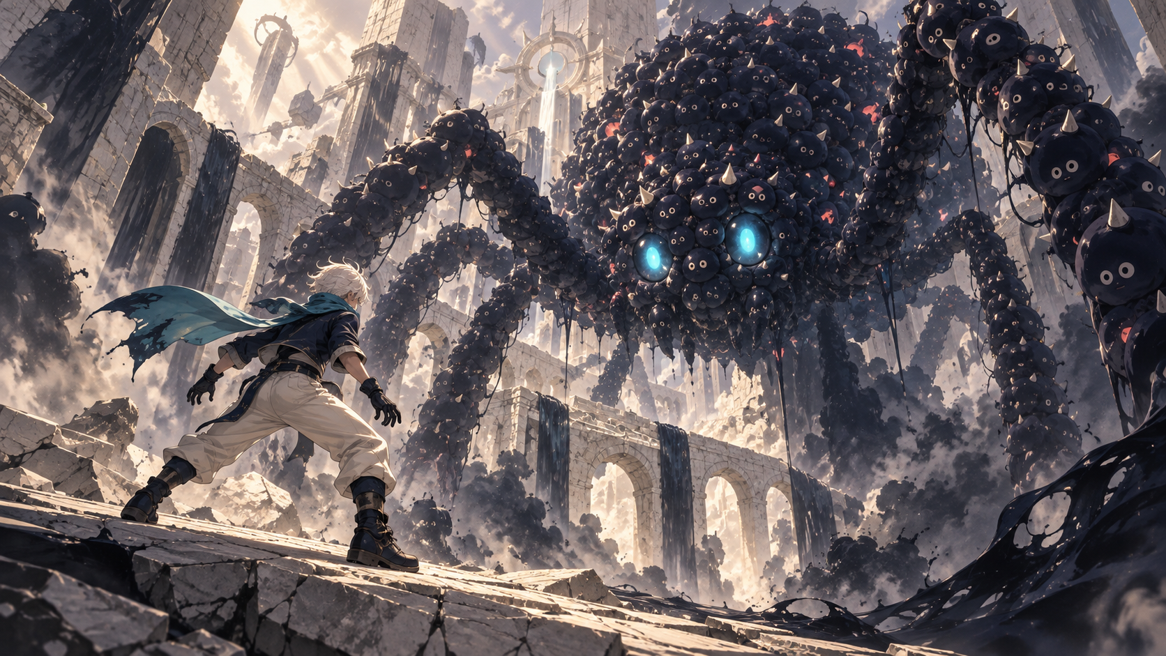 Illustration de l’univers : Ren fait face à une araignée géante dans les ruines du sanctuaire.